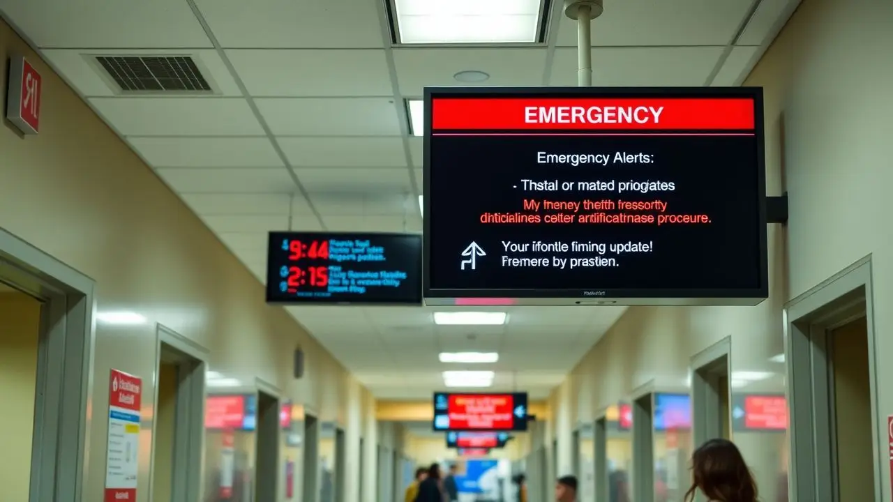 A hospital hallway with digital signs providing emergency alerts and updates. A hospital hallway with digital signs providing emergency alerts and updates.