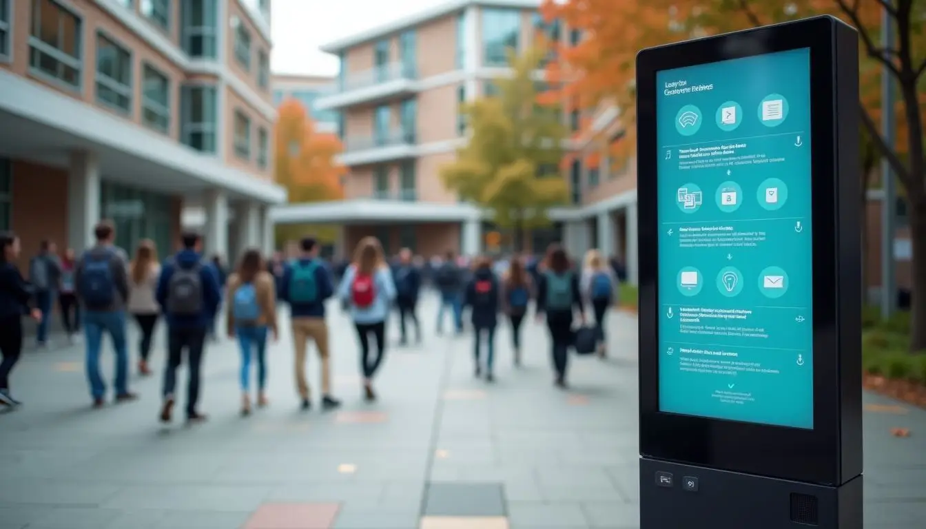 A digital wayfinding kiosk at a university entrance with campus buildings. A digital wayfinding kiosk at a university entrance with campus buildings.