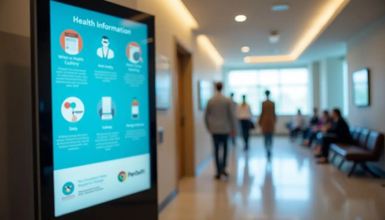 A digital signage display in a medical office shows important health information. A digital signage display in a medical office shows important health information.