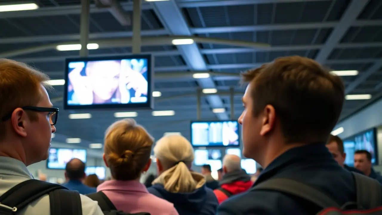 Passengers at an airport terminal watching digital signage display. Passengers at an airport terminal watching digital signage display.
