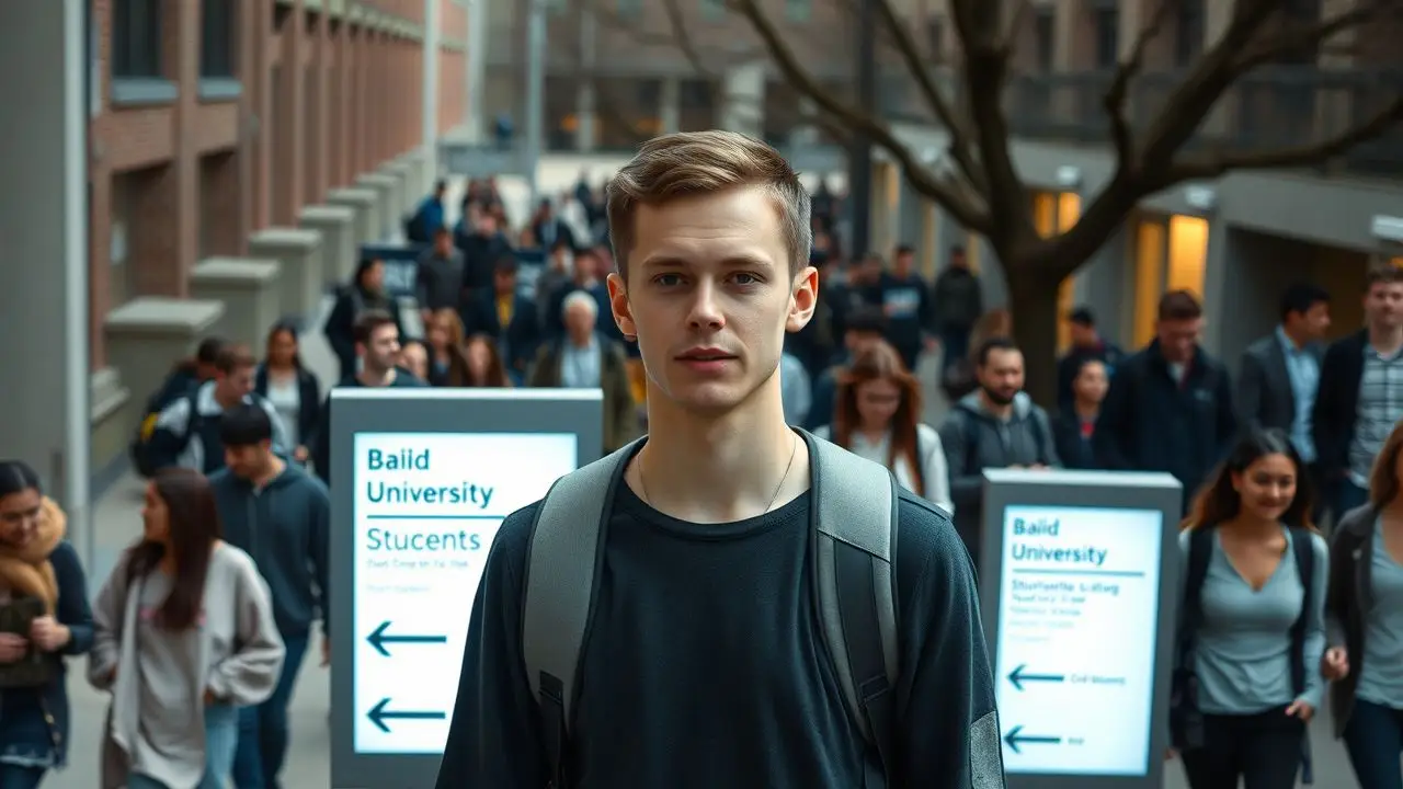 A university campus with wayfinding signs and a casual atmosphere. A university campus with wayfinding signs and a casual atmosphere.
