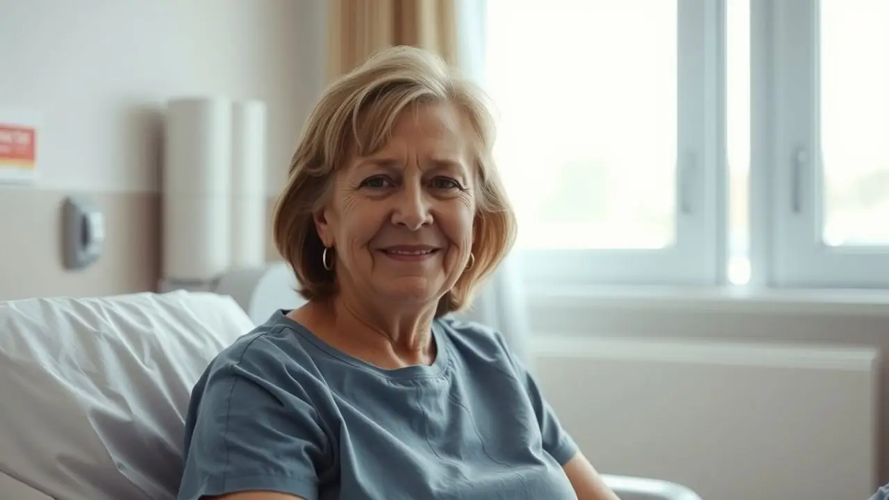 A middle-aged woman smiles in a hospital room with a nurse. A middle-aged woman smiles in a hospital room with a nurse.