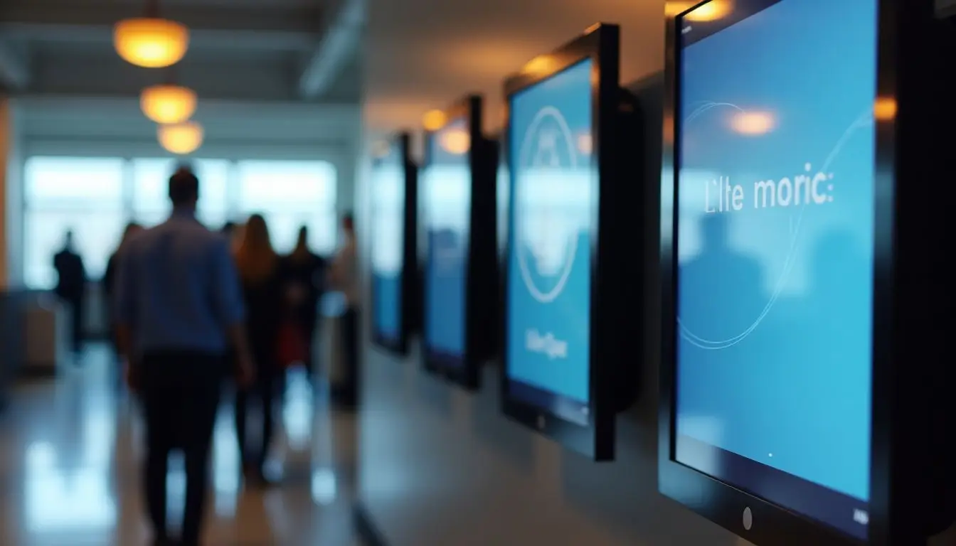 A row of digital signage screens of varying sizes and content.