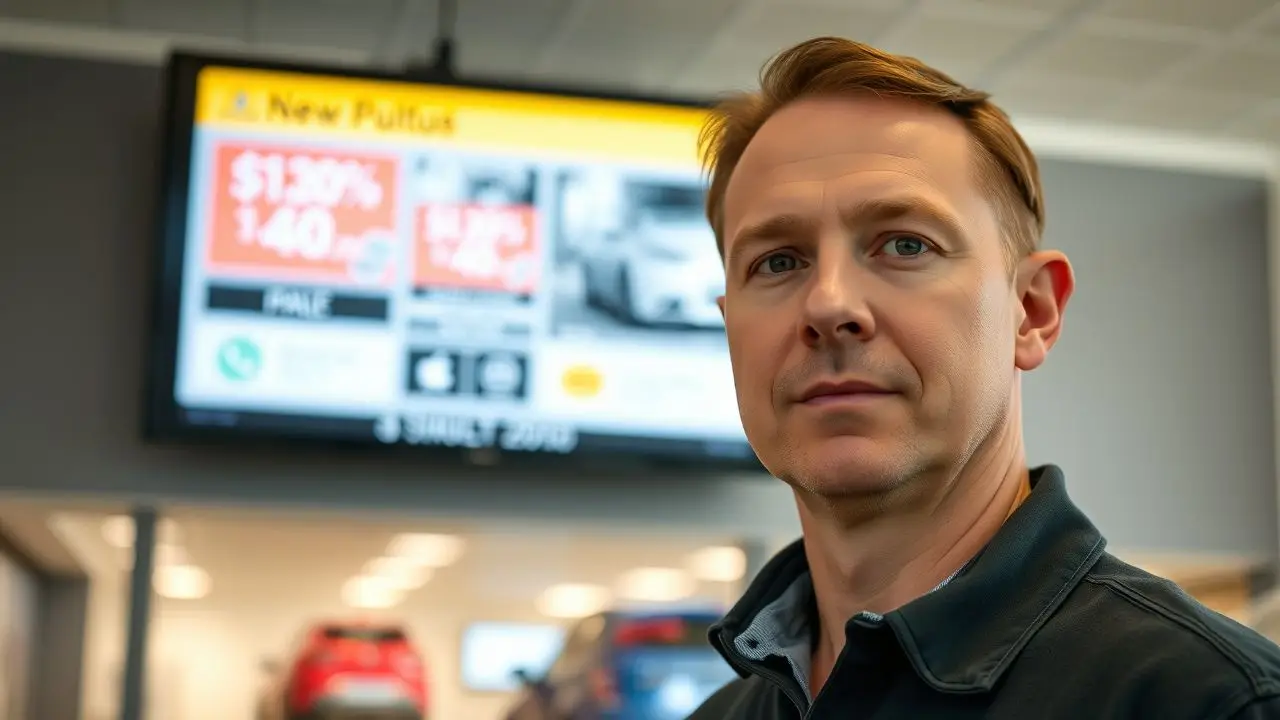 A male customer at a car dealership looking at a digital display. A male customer at a car dealership looking at a digital display.
