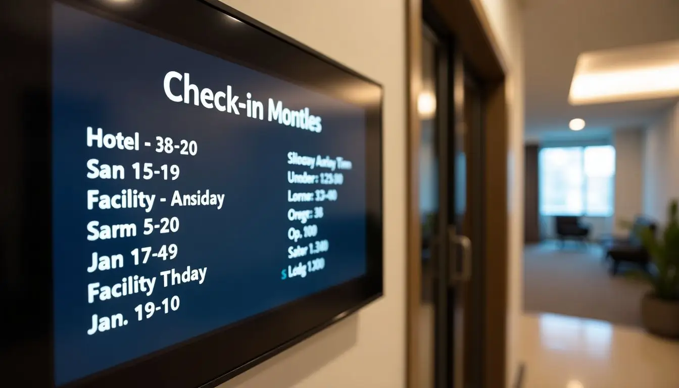 A digital sign in a hotel lobby displays check-in times and facility hours. A digital sign in a hotel lobby displays check-in times and facility hours.