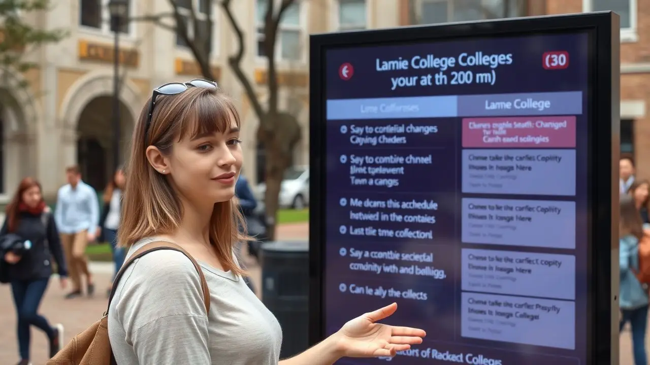 A female college student checking digital signage in a lively campus courtyard. A female college student checking digital signage in a lively campus courtyard.