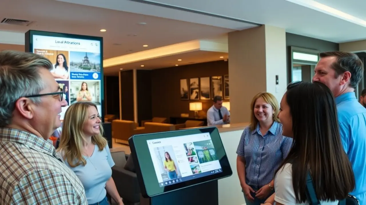 A hotel lobby digital display showcases local attractions and hotel amenities. A hotel lobby digital display showcases local attractions and hotel amenities.