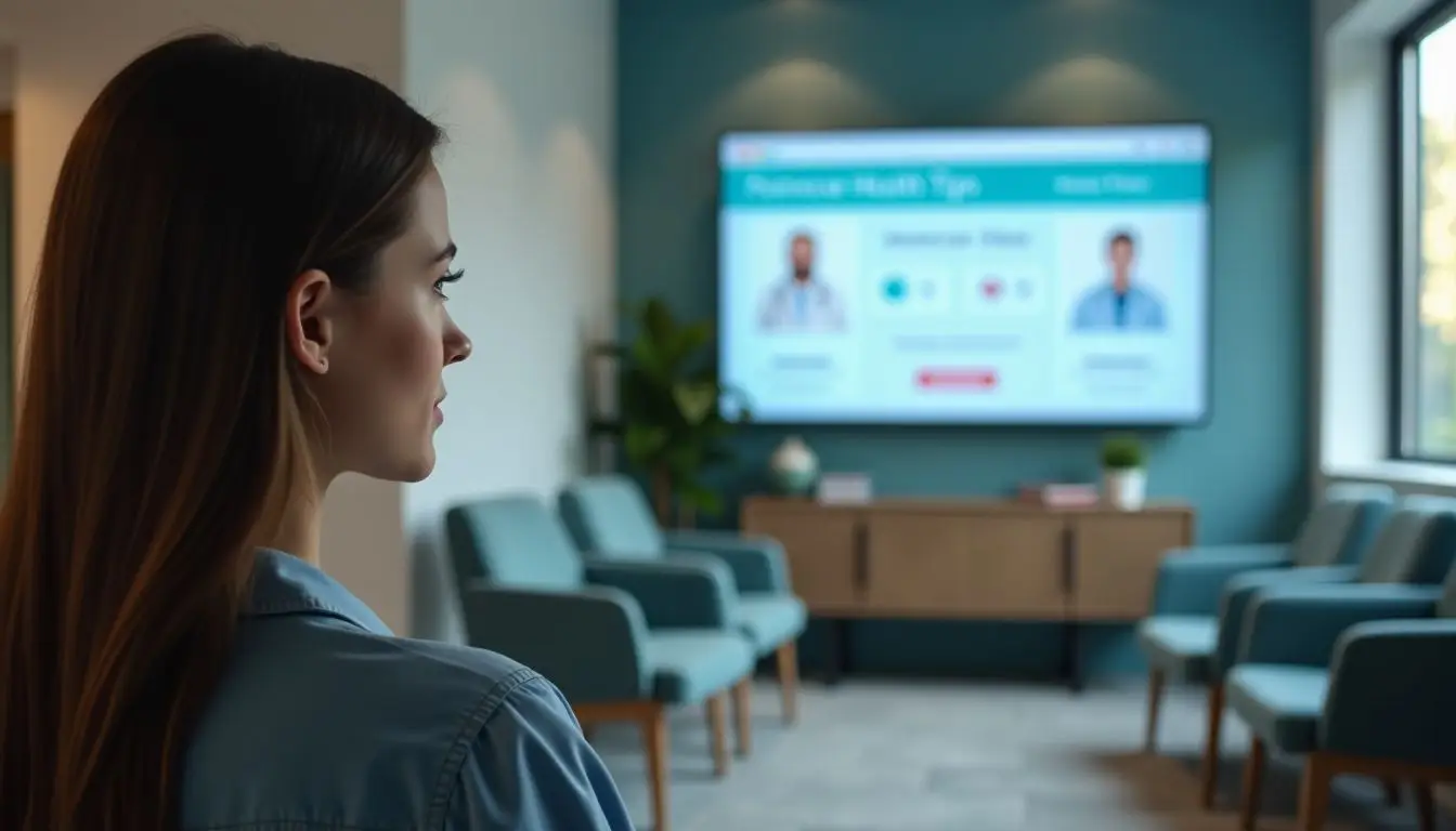 A woman in her 30s waits in a modern doctor's office. A woman in her 30s waits in a modern doctor's office.