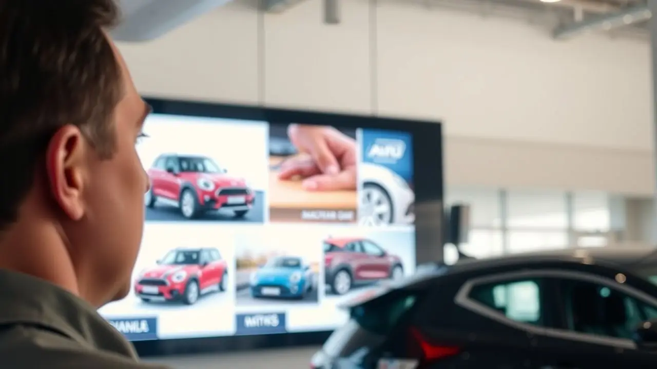 A person looks at a digital signage of new car models.