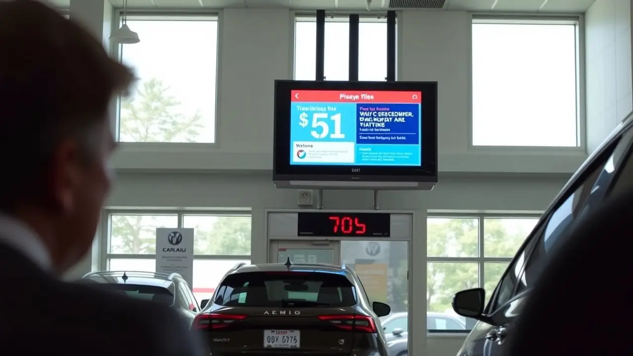 A digital signage display in a car dealership promoting current sales. A digital signage display in a car dealership promoting current sales.