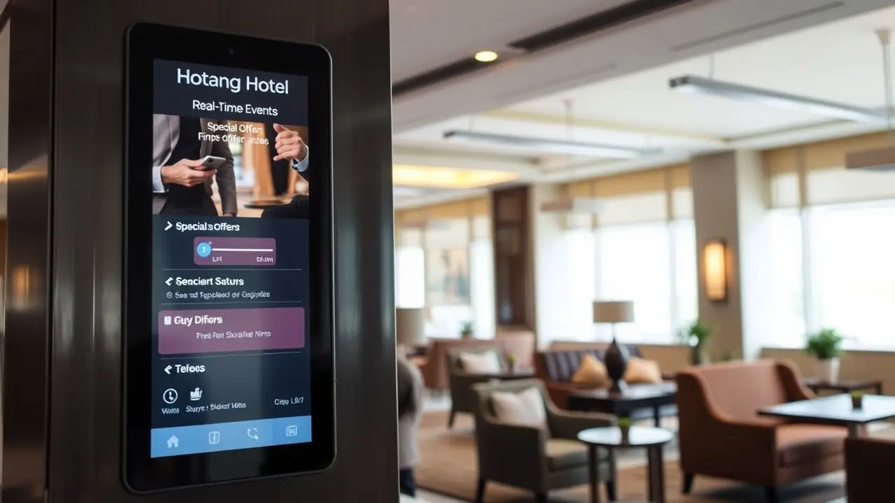 A digital hotel sign in a modern lobby with real-time updates. A digital hotel sign in a modern lobby with real-time updates.