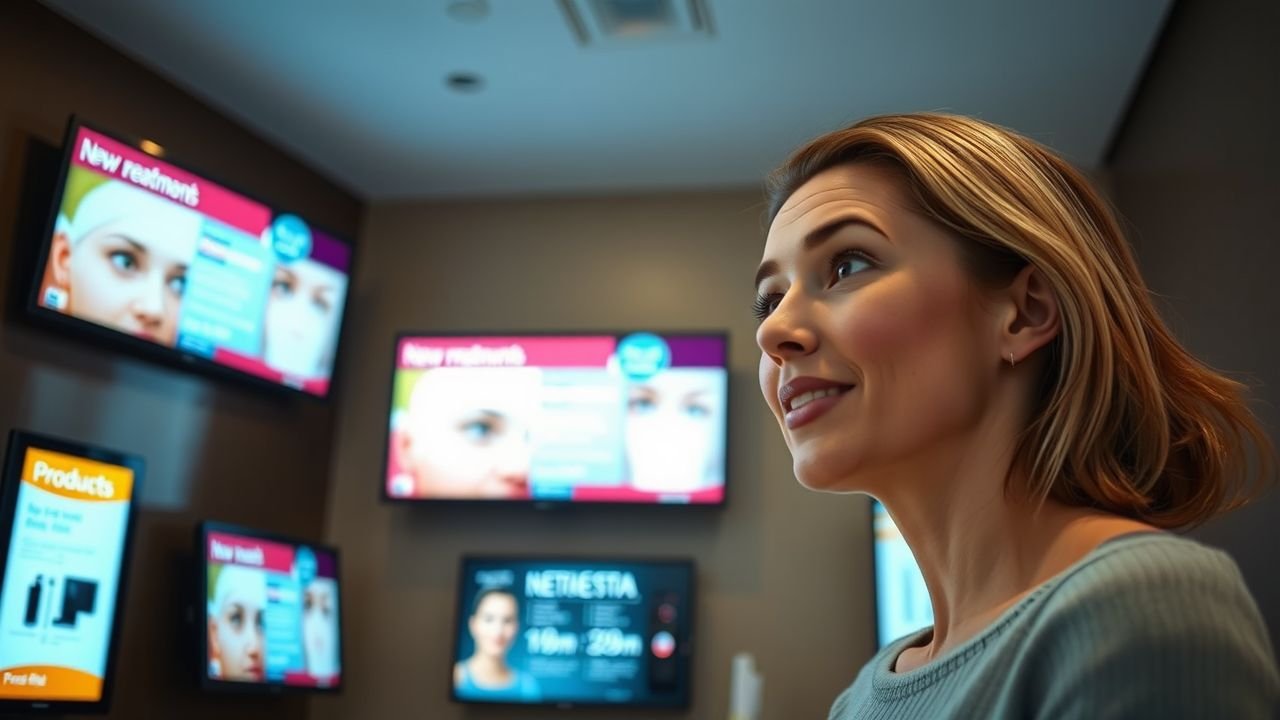 A woman excitedly looks at digital screens at a beauty spa.