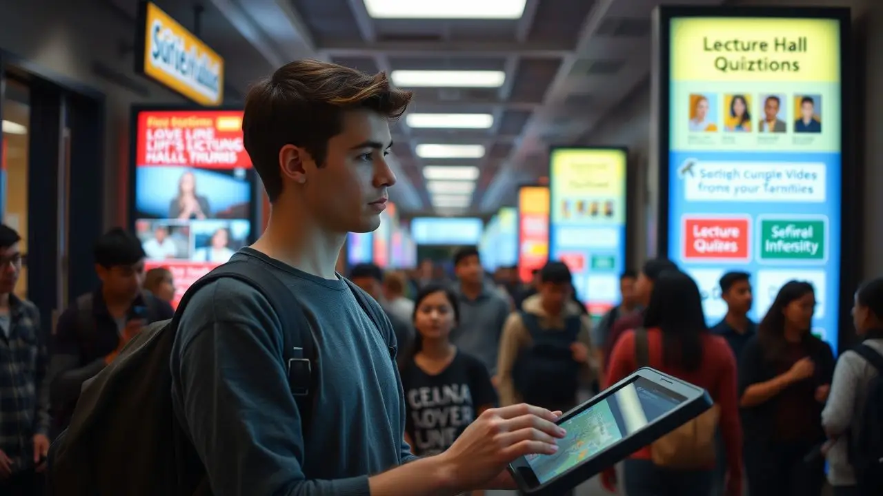 A college student uses a digital map for directions on campus. A college student uses a digital map for directions on campus.