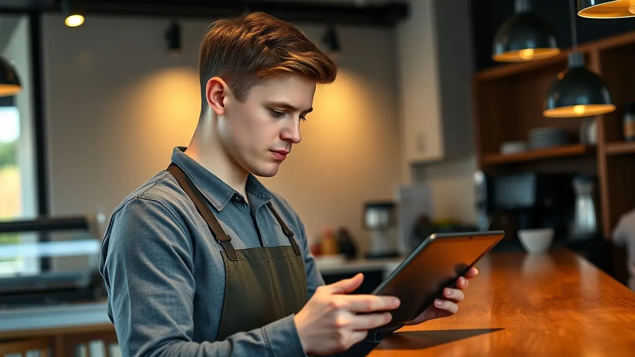A male barista using a digital tablet at a coffee shop counter.