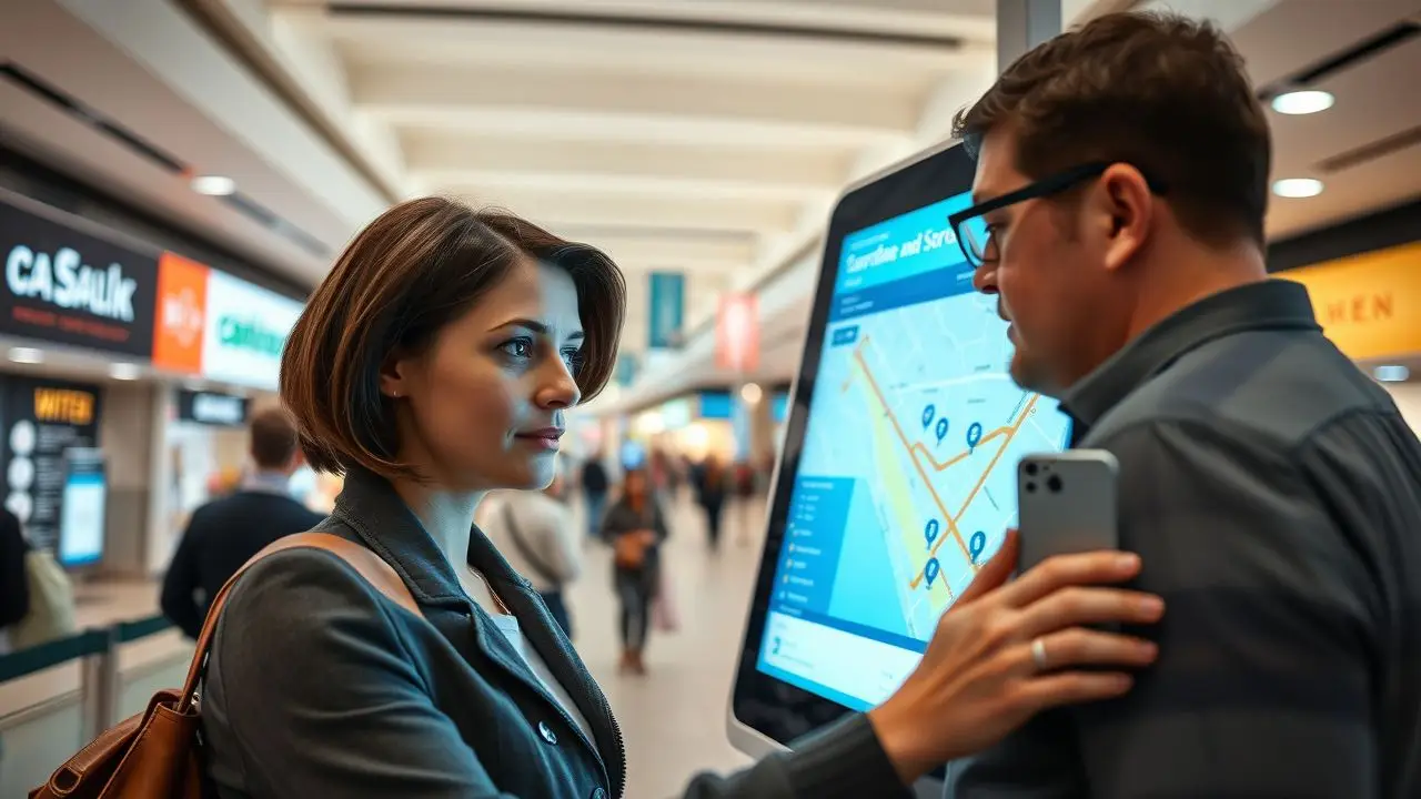 A couple in a shopping mall using an interactive touchscreen map. A couple in a shopping mall using an interactive touchscreen map.