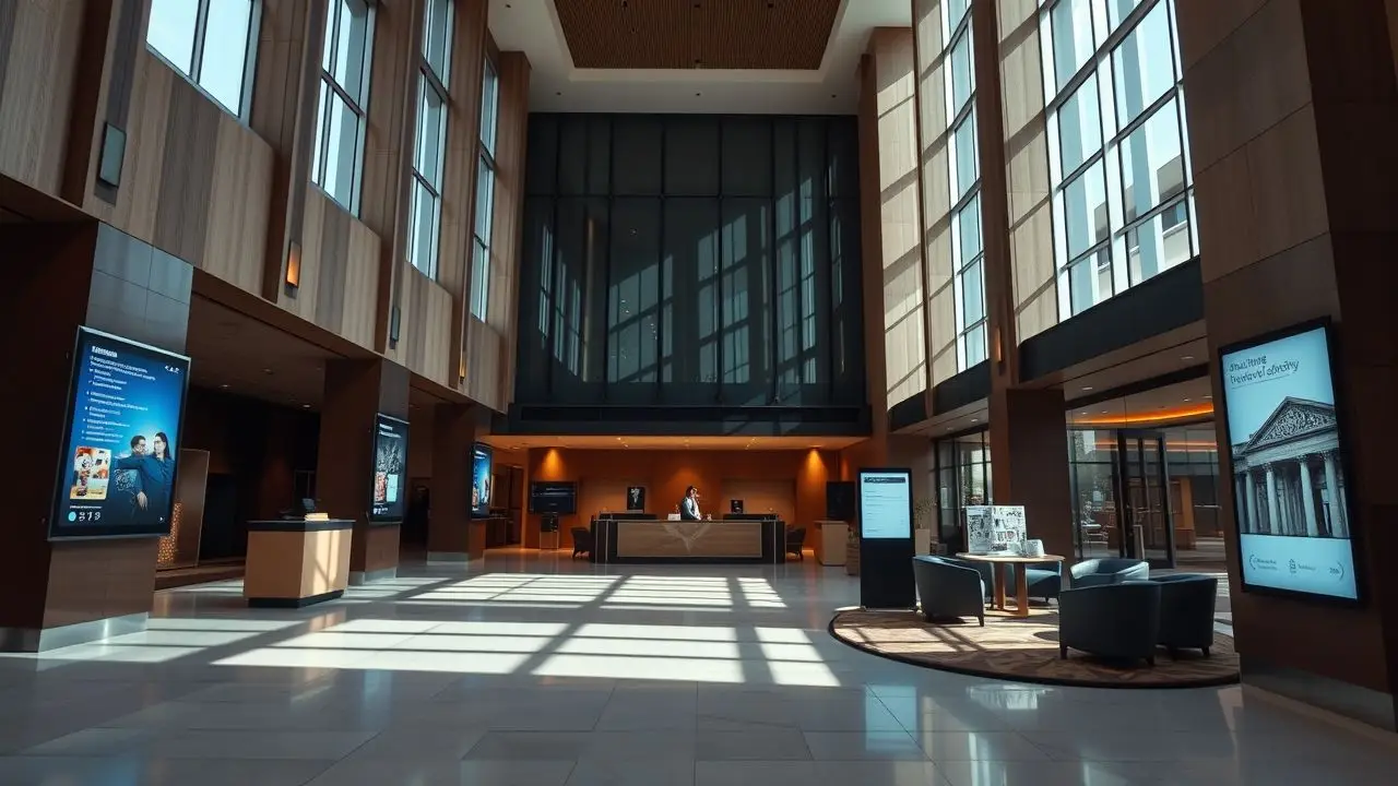 A modern hotel lobby with interactive digital signs for personalized guest experiences. A modern hotel lobby with interactive digital signs for personalized guest experiences.