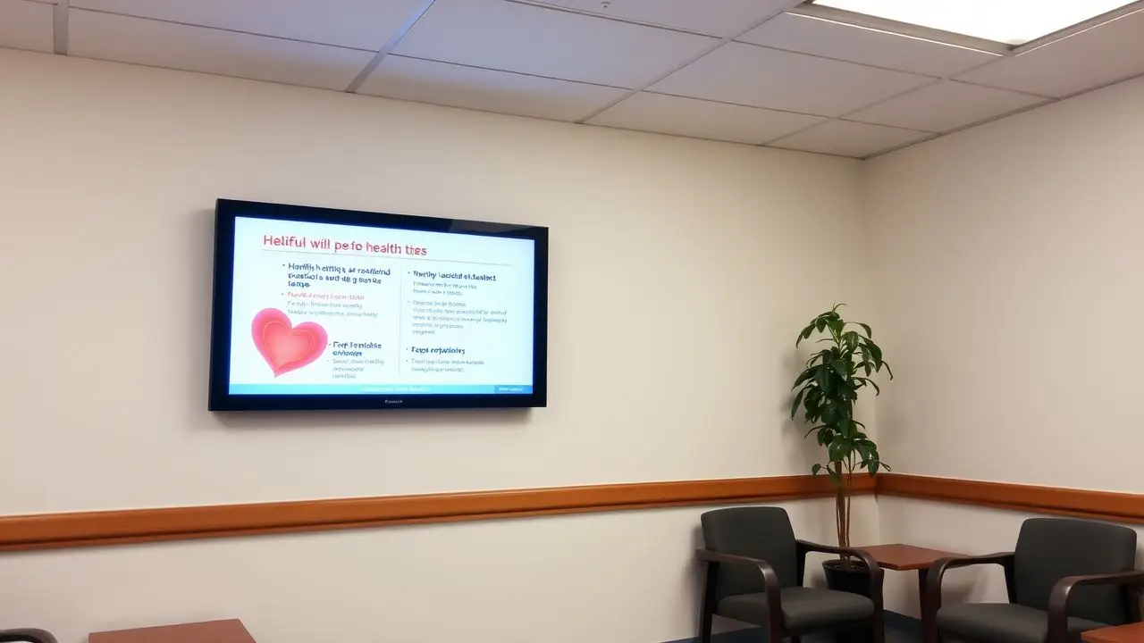 A medical office waiting room with a digital sign displaying health tips. A medical office waiting room with a digital sign displaying health tips.