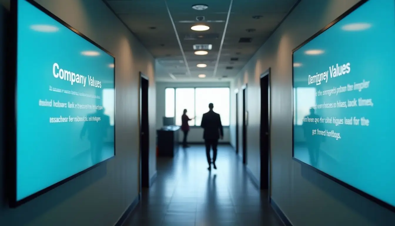 An office hallway displaying company values and real-time employee feedback. An office hallway displaying company values and real-time employee feedback.