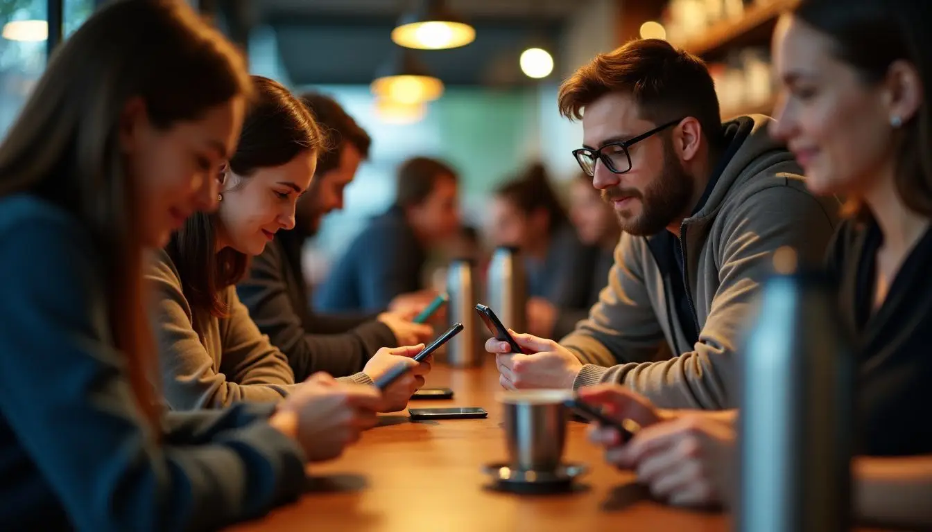 Customers using smartphones to place orders in a busy coffee shop.
