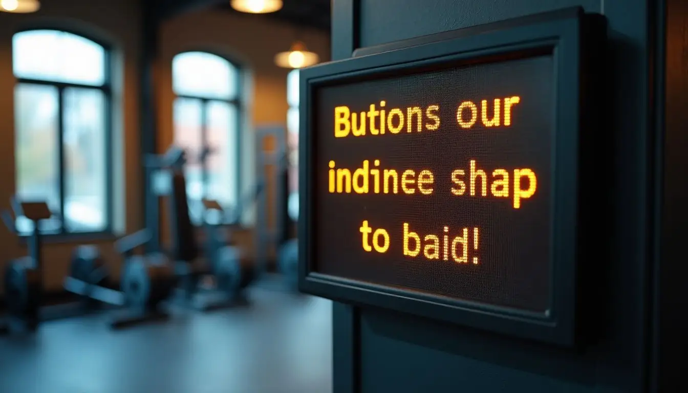 A gym digital sign displays an inspiring quote for members. A gym digital sign displays an inspiring quote for members.
