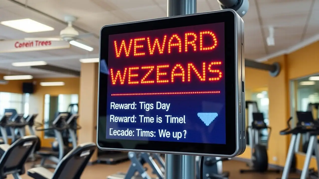 A digital sign in a modern gym displays rewards and incentives. A digital sign in a modern gym displays rewards and incentives.