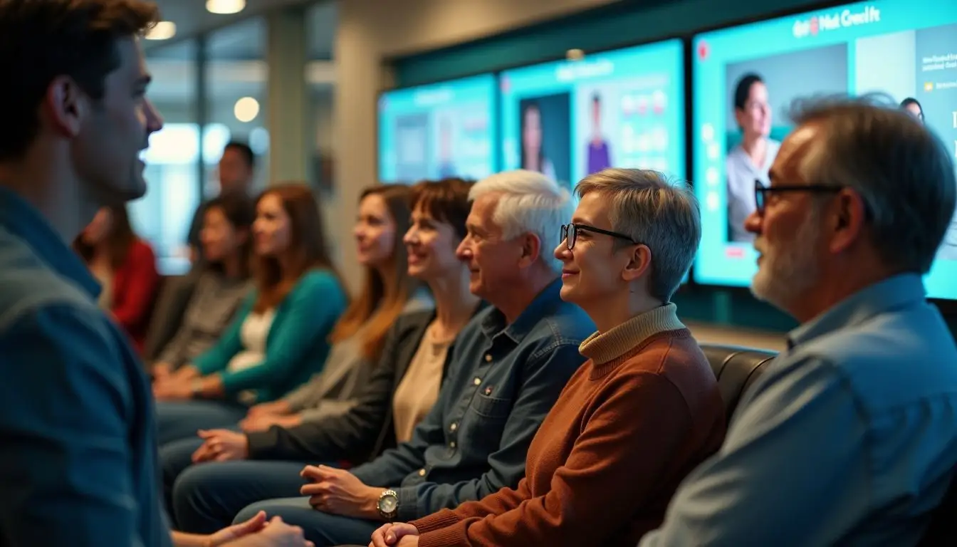 Diverse group of customers engaged with digital display in healthcare waiting area. Diverse group of customers engaged with digital display in healthcare waiting area.