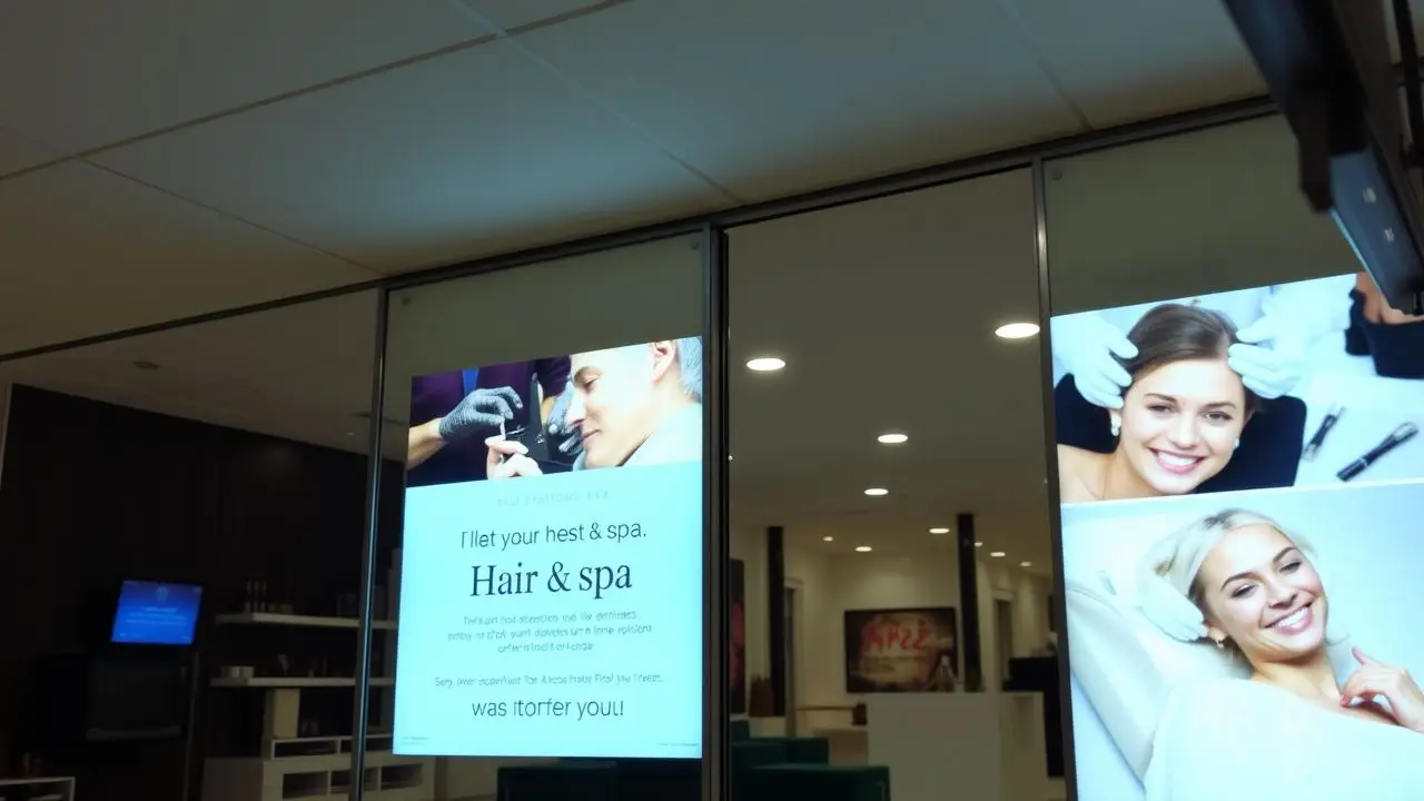 A modern salon/spa storefront with digital signage promoting services and discounts.