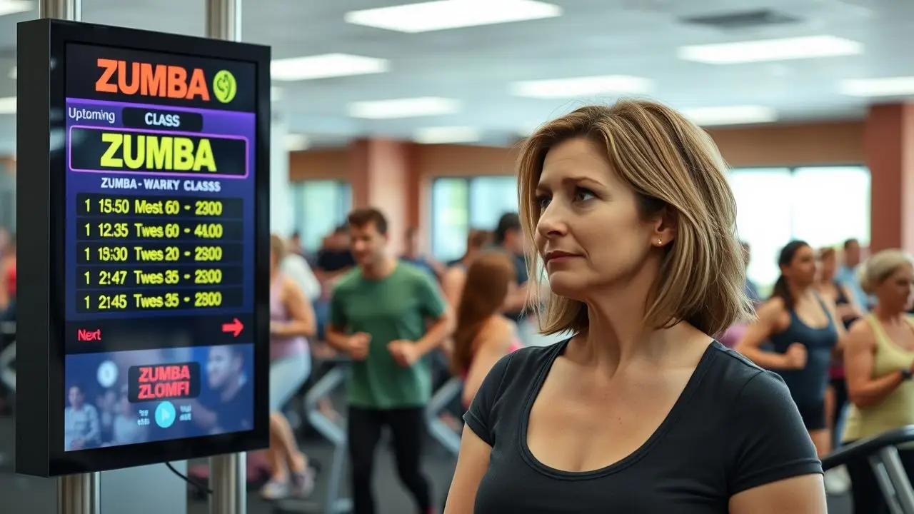 A woman at a busy gym looks at the Zumba class schedule. A woman at a busy gym looks at the Zumba class schedule.