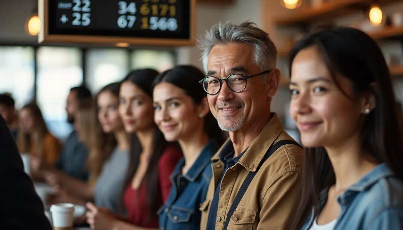 A diverse group of customers waiting to order in a casual coffee shop.