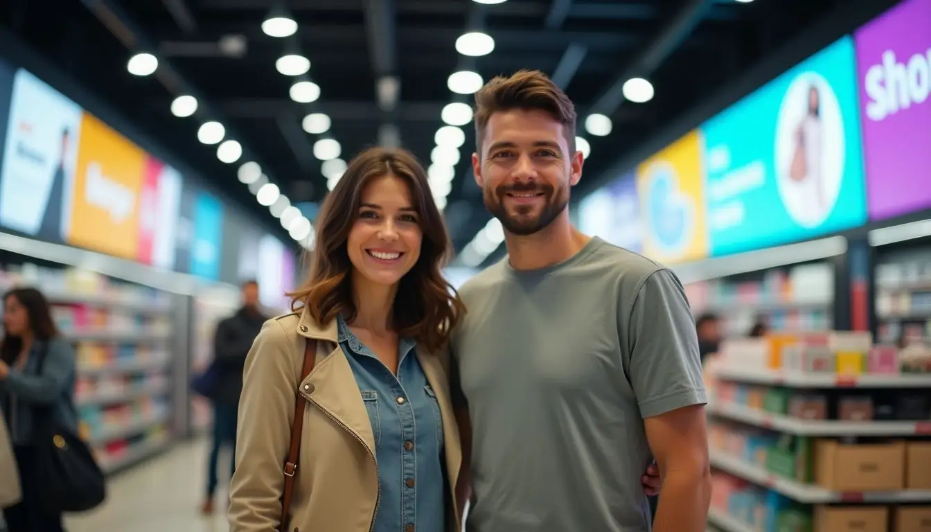 A couple shopping in a modern retail store with digital signs. A couple shopping in a modern retail store with digital signs.