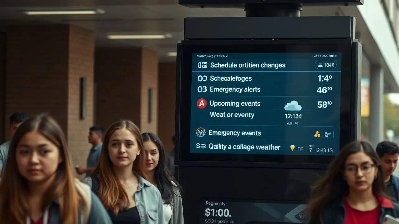 A digital signage display on a college campus showing real-time updates. A digital signage display on a college campus showing real-time updates.