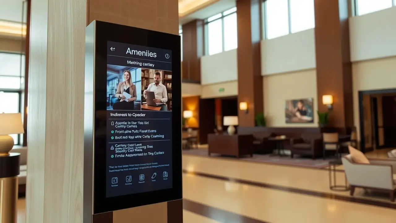 A hotel lobby digital sign displaying amenities and upcoming events. A hotel lobby digital sign displaying amenities and upcoming events.