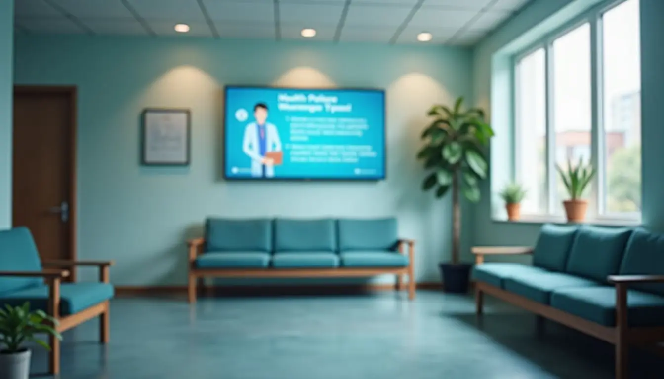 A medical office waiting room with calming atmosphere and health tips. A medical office waiting room with calming atmosphere and health tips.
