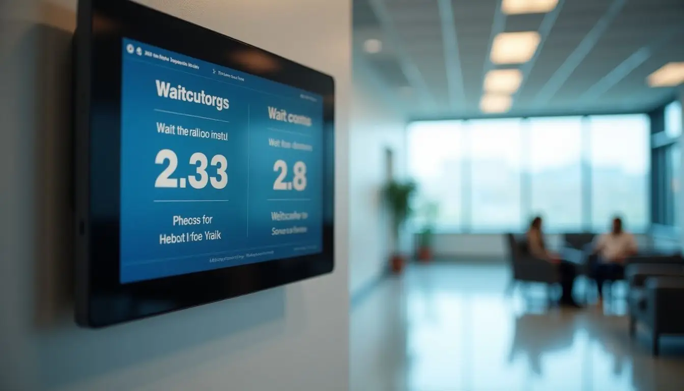A digital sign in a hospital waiting area displays services and wait times. A digital sign in a hospital waiting area displays services and wait times.