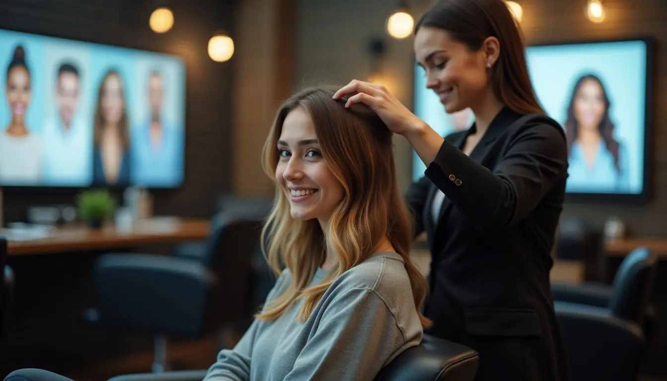 A woman getting a haircut in a trendy, casual salon. A woman getting a haircut in a trendy, casual salon.