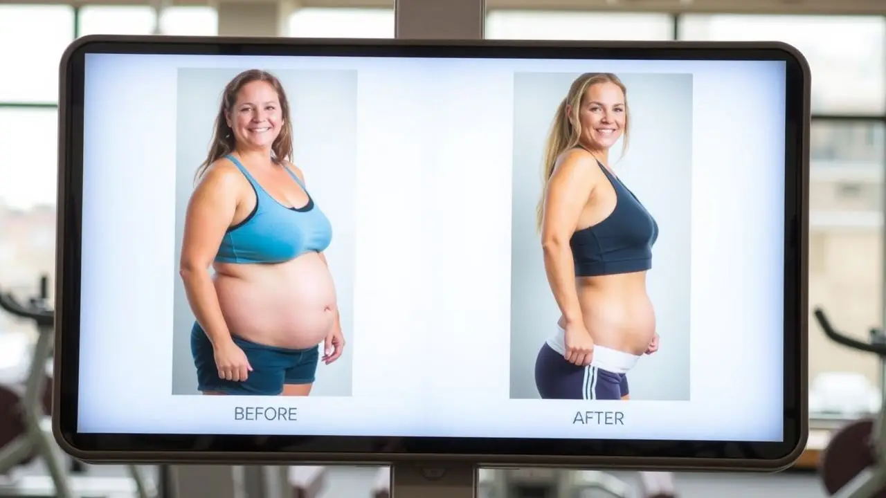 A gym's digital sign displays weight loss progress of members. A gym's digital sign displays weight loss progress of members.