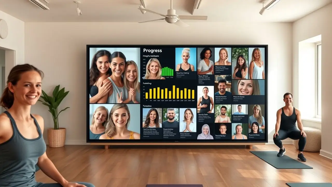 A digital display in a yoga studio featuring member progress and testimonials. A digital display in a yoga studio featuring member progress and testimonials.