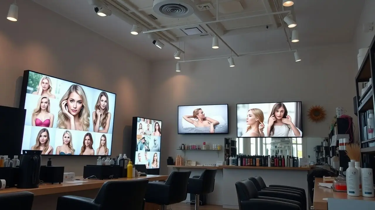 A modern salon with digital screens showcases hairstyles and spa treatments. A modern salon with digital screens showcases hairstyles and spa treatments.