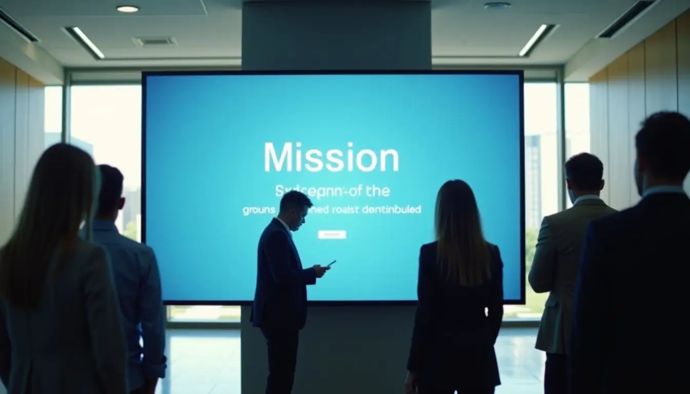 A modern office lobby with a digital screen displaying company information. A modern office lobby with a digital screen displaying company information.