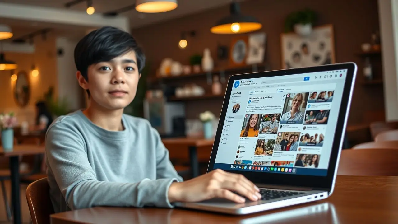 A person working on their laptop in a cozy coffee shop.