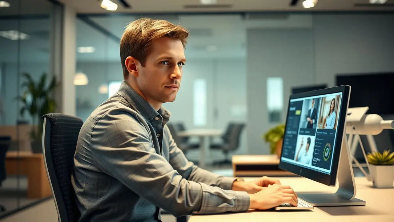 A man in his mid-30s is focused on managing digital signage content on a computer in a modern office. A man in his mid-30s is focused on managing digital signage content on a computer in a modern office.