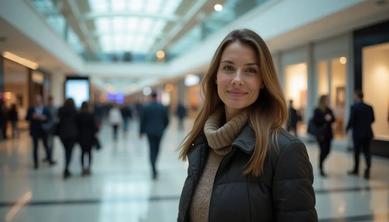 A woman in a mall searching for a spot for digital signage. A woman in a mall searching for a spot for digital signage.