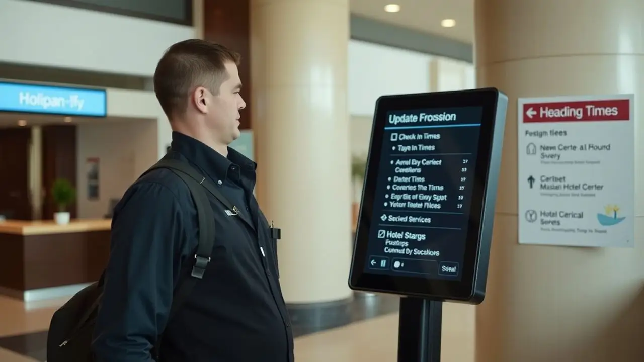 A hotel staff member updating information on digital lobby sign. A hotel staff member updating information on digital lobby sign.