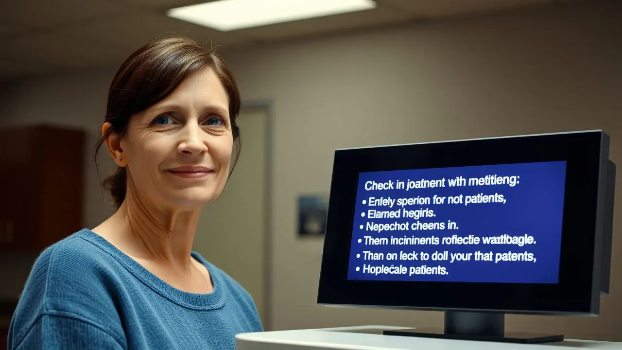 A middle-aged woman checks in at a hospital reception desk. A middle-aged woman checks in at a hospital reception desk.