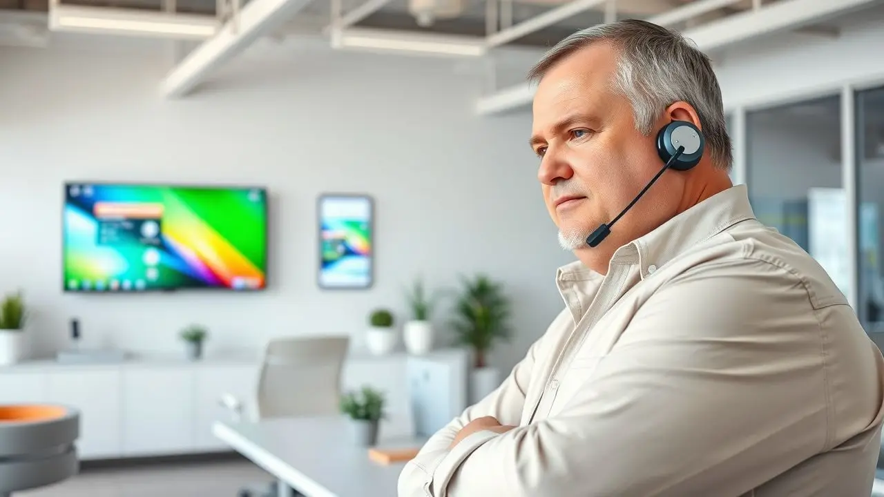 A casual office with a digital signage screen and a technical support representative. A casual office with a digital signage screen and a technical support representative.