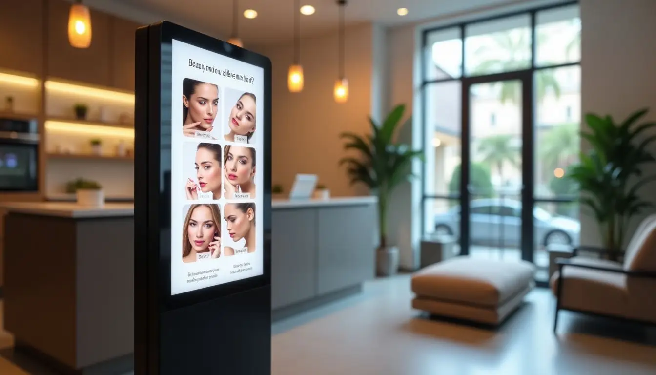 A digital signage board in a modern beauty and wellness center. A digital signage board in a modern beauty and wellness center.
