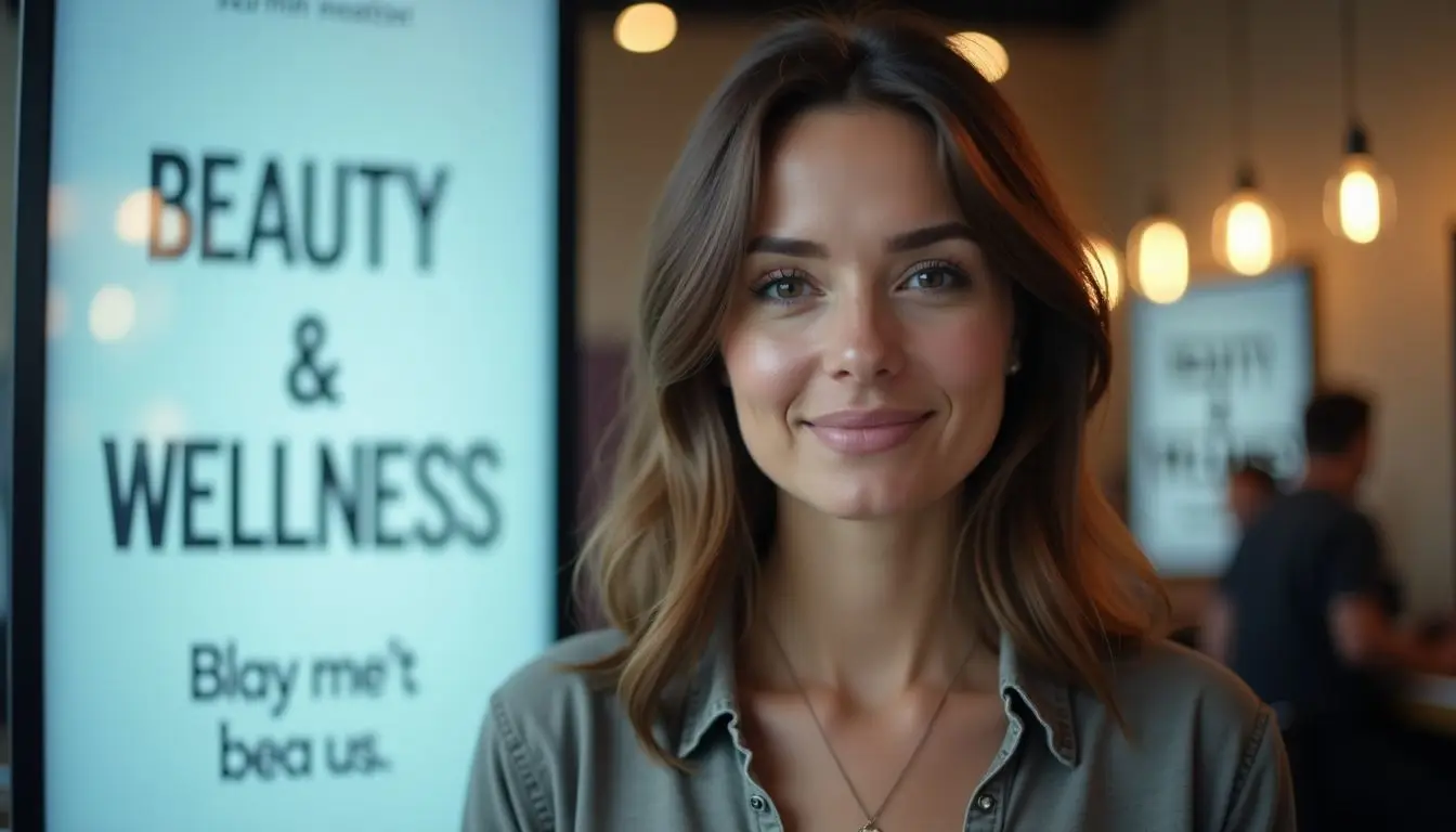 A woman in her 30s standing in front of a digital salon sign. A woman in her 30s standing in front of a digital salon sign.
