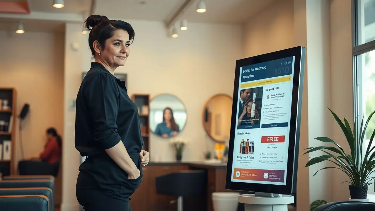 A middle-aged hairdresser updates digital display in cozy salon. A middle-aged hairdresser updates digital display in cozy salon.