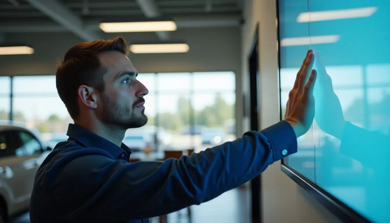A man in his 40s is installing a digital sign at a car dealership.
