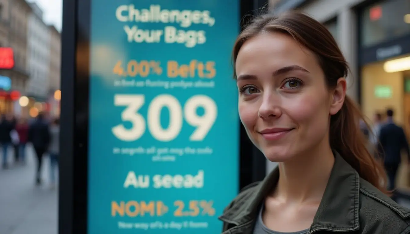 A woman standing in front of a digital sign in a city. A woman standing in front of a digital sign in a city.